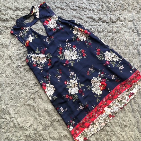 Francescas Collections Miami Navy Floral Choker Neck Cutout Dress Size M - Picture 2 of 11